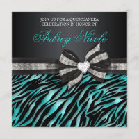 Chic Zebra Quinceañera Invite With Jewelled Bow