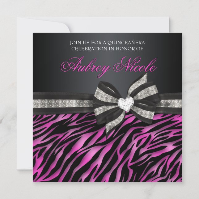 Chic Zebra Quinceañera Invite With Jewelled Bow (Front)