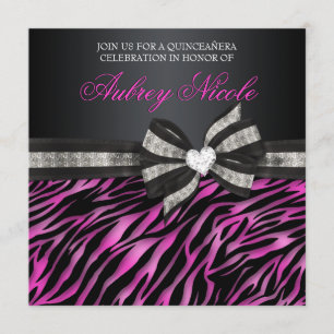 Chic Zebra Quinceañera Invite With Jewelled Bow
