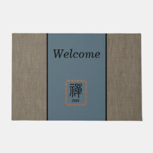Chic Zen burlap print welcome brown blue customise Doormat
