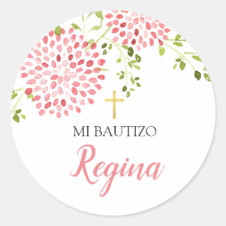 Chica de bautismo Flores rosadas Pegatina redondo Classic Round Sticker