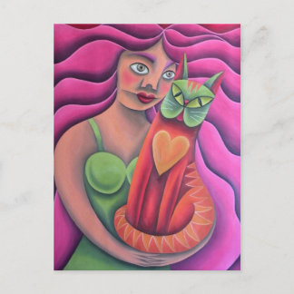 Chica y su gato verde pintura óleo arte postcard