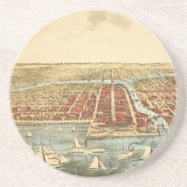 Chicago Antique Map, LaSalle Street and River Coaster (Front)