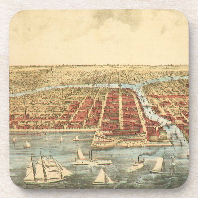 Chicago Antique Map, LaSalle Street and River Coaster (Front)