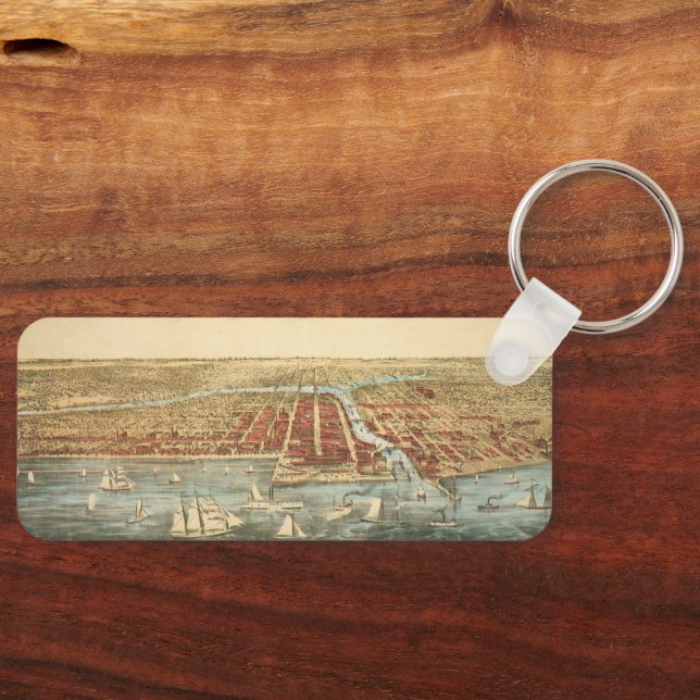 Chicago Antique Map, LaSalle Street and River Key Ring (Front)