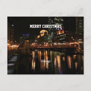 Chicago at Night, Merry Christmas! Holiday Postcard