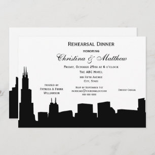 Chicago Black Skyline Silhouette Rehearsal Dinner Invitation