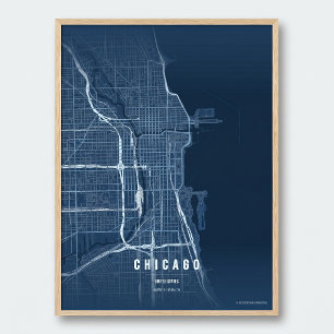 Chicago Blue Map Print Wall art Poster Gift Idea