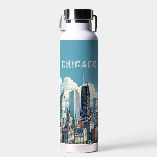 Chicago Blue Skyline Water Bottle (Front)