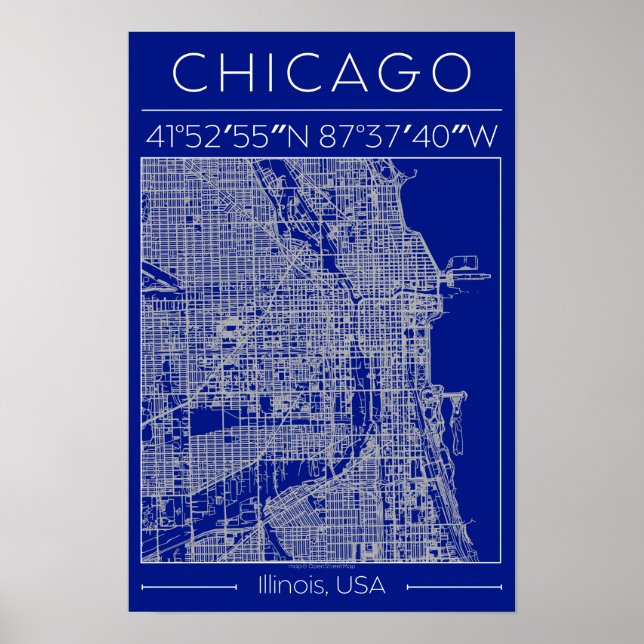 Chicago Blueprint City Map Poster Blue Minimalist (Front)