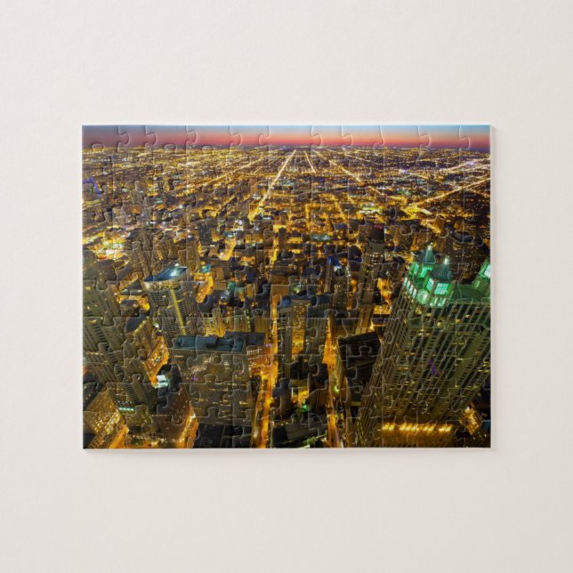 Chicago Buildings Skyscrapers Lights at Night Jigsaw Puzzle (Horizontal)