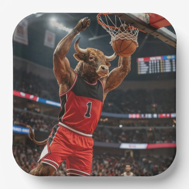 Chicago Bull Basketball Slam Dunking the Ball Paper Plate (Front)