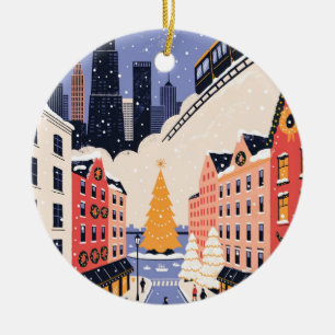 Chicago Christmas Retro Travel Poster Ceramic Ornament
