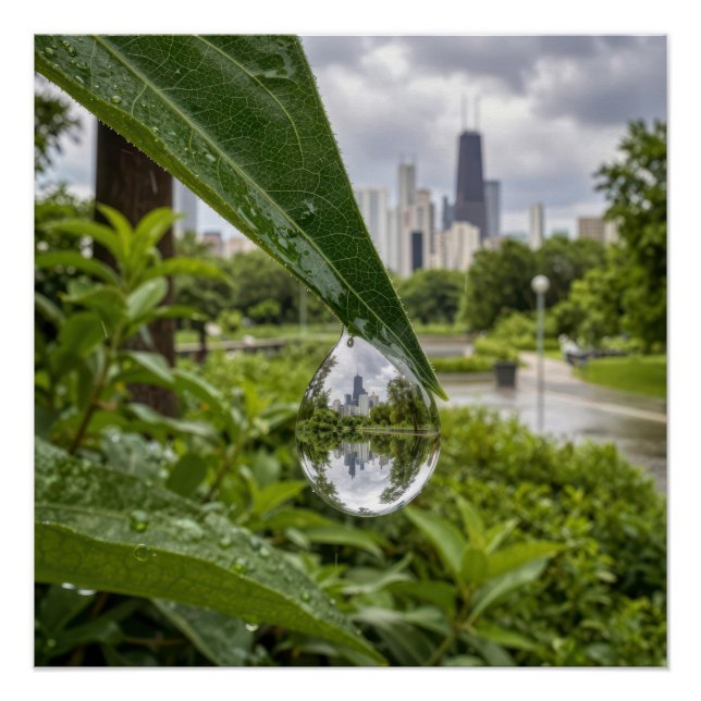 Chicago City Reflected in a Raindrop Poster (Front)