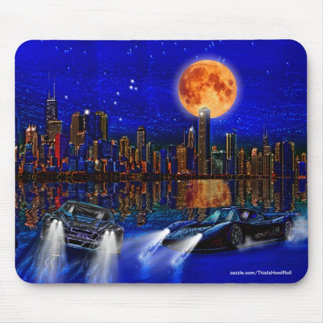 Chicago City Skyline and Street-Racing Cars Mouse Pad (Front)