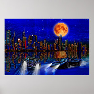 Chicago City Skyline and Street-Racing Cars Poster