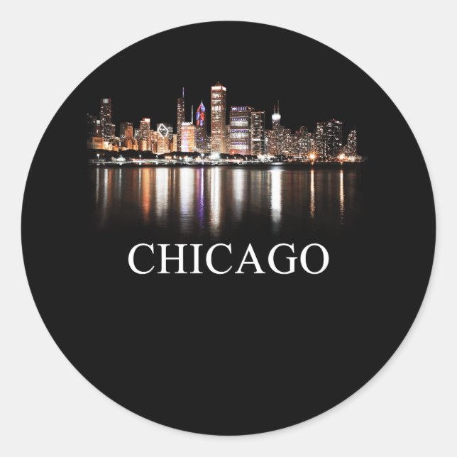 Chicago City Skyline Lights At Night Chicago Illin Classic Round Sticker (Front)