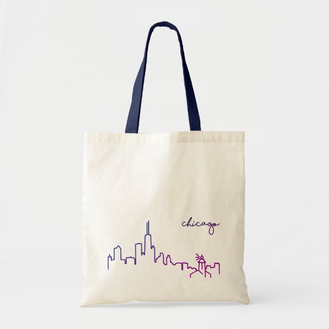 Chicago City Skyline Tote Bag with Navy Handles (Front)