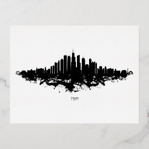 Chicago City Skyline Watercolor Black and White Foil Holiday Postcard