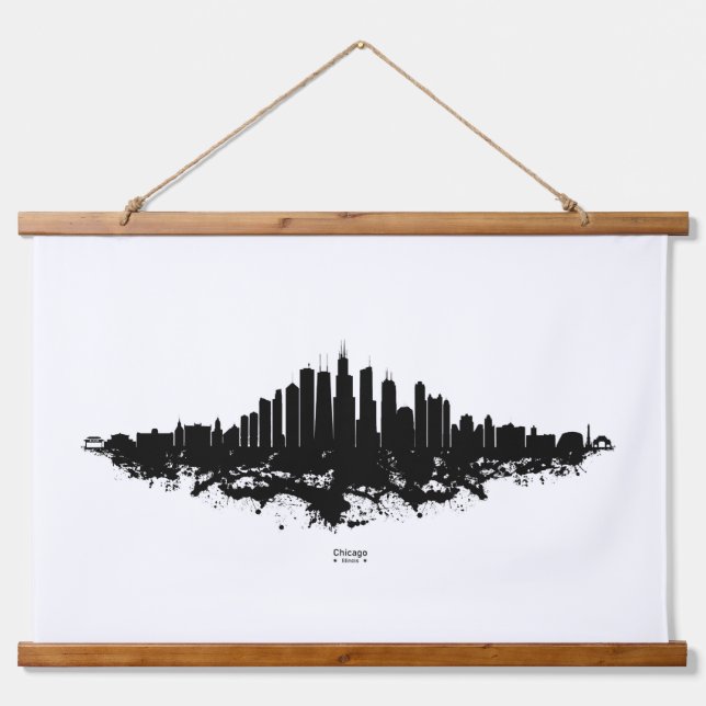 Chicago City Skyline Watercolor Black and White Hanging Tapestry (Front)