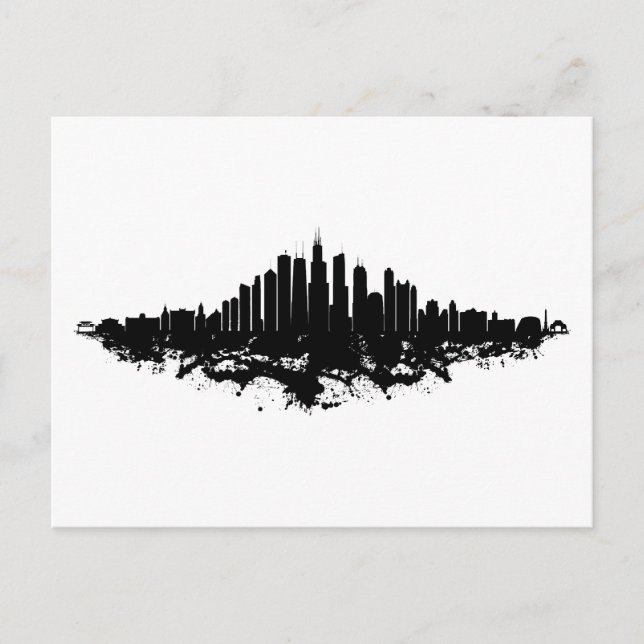 Chicago City Skyline Watercolor Black and White Holiday Postcard (Front)