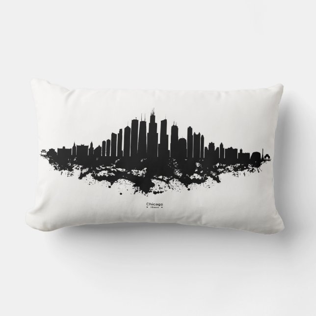 Chicago City Skyline Watercolor Black and White Lumbar Cushion (Front)