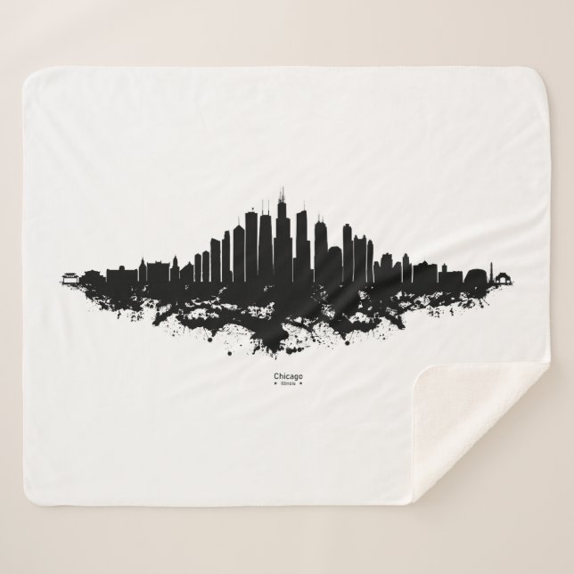Chicago City Skyline Watercolor Black and White Sherpa Blanket (Front (Horizontal))