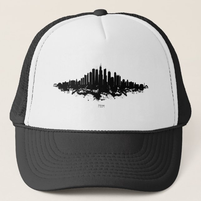 Chicago City Skyline Watercolor Black and White Trucker Hat (Front)