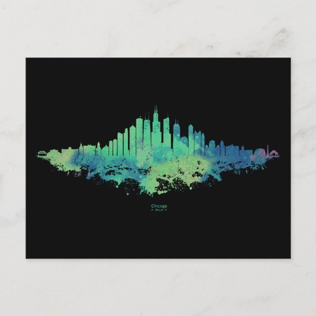Chicago City Skyline Watercolor in blue and green Postcard (Front)