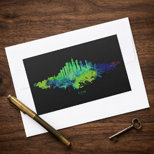 Chicago City Skyline Watercolor in blue and lime Rectangular Sticker