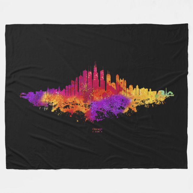 Chicago City Skyline Watercolor on White Fleece Blanket (Front (Horizontal))