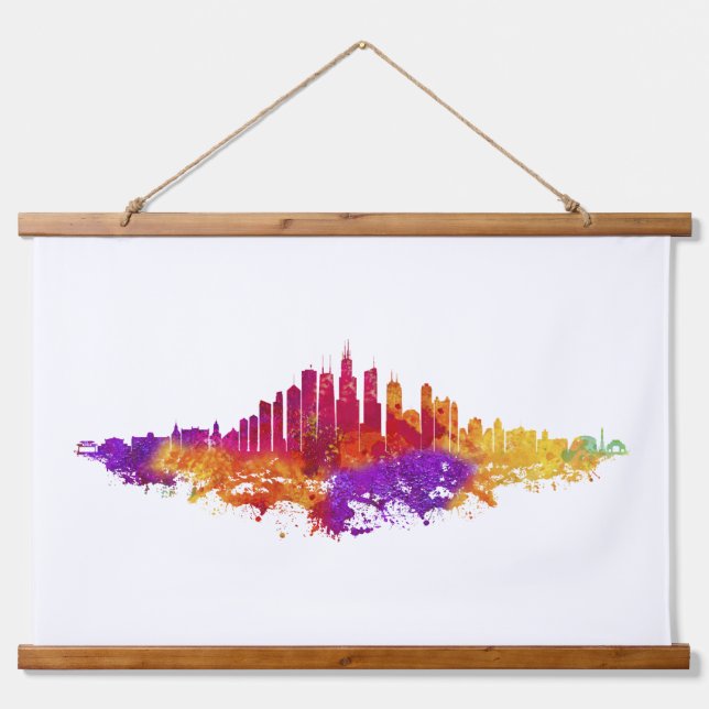 Chicago City Skyline Watercolor on White Hanging Tapestry (Front)