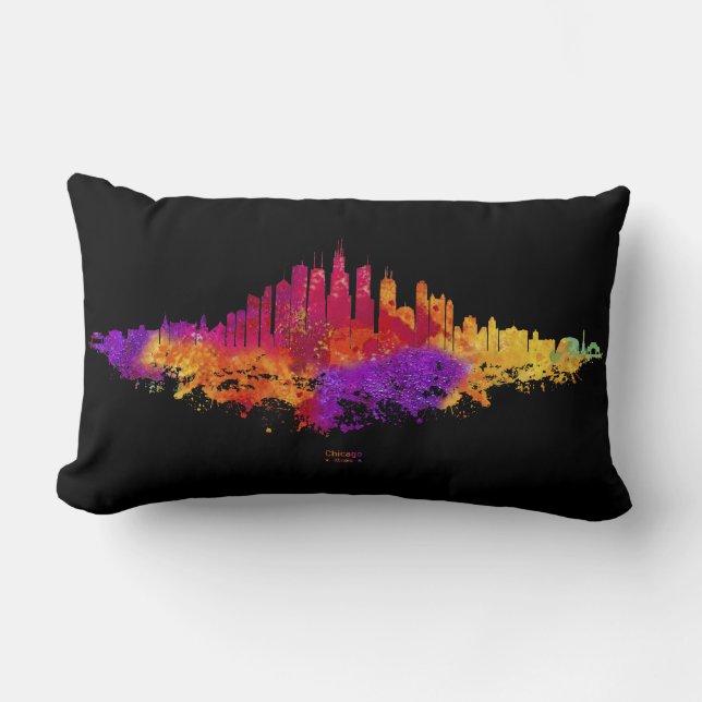 Chicago City Skyline Watercolor on White Lumbar Cushion (Front)