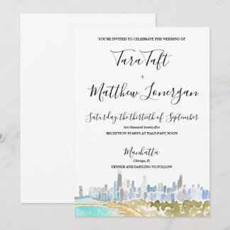 Chicago City Skyline Watercolor Wedding Invitation