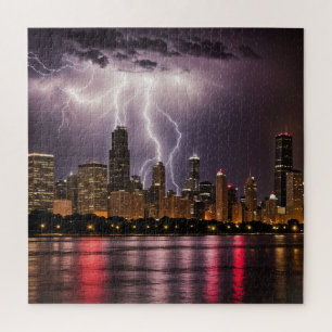 Chicago City Skyscrapers With Lightning Jigsaw Puzzle