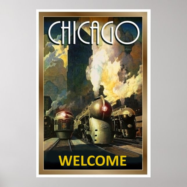 Chicago city, steamtrain, railway vintage travel poster (Front)
