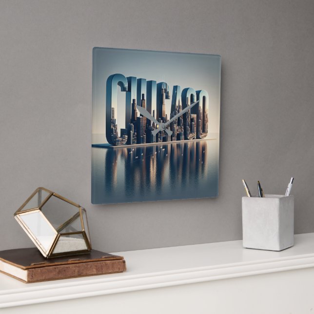 Chicago City Water Reflection Square Wall Clock (Office)