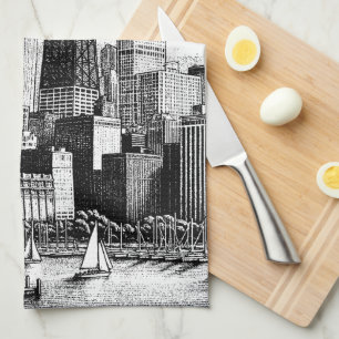 Chicago Cityscape Modern Black White  Tea Towel