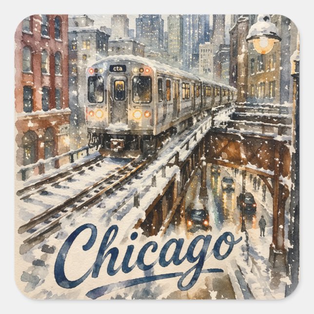 Chicago El Train in the Winter Snow Square Sticker (Front)