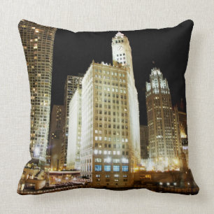 Chicago famous landmark at night cushion