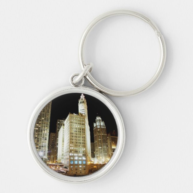 Chicago famous landmark at night key ring (Front)