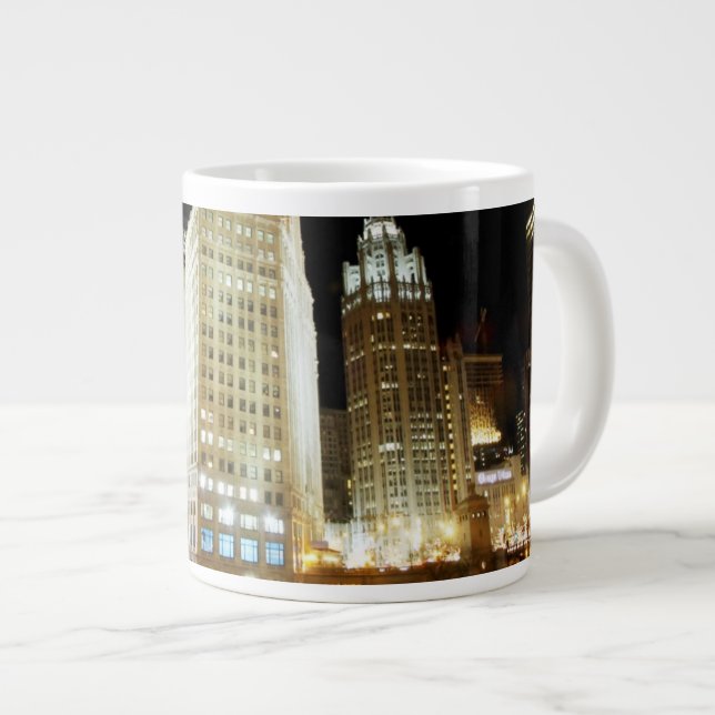 Chicago famous landmark at night large coffee mug (Front Right)