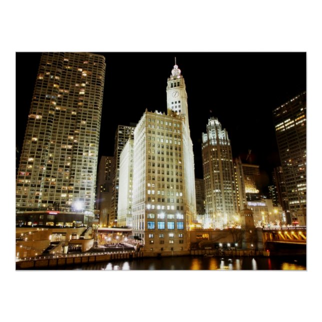 Chicago famous landmark at night poster (Front)