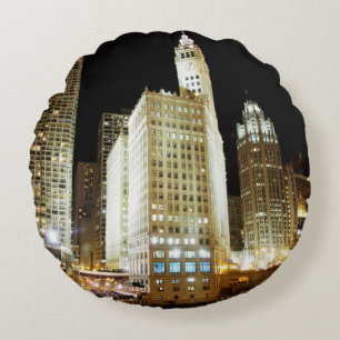 Chicago famous landmark at night round cushion
