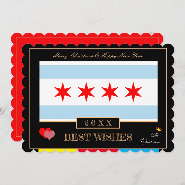 Chicago Flag & Happy New Year /Best Wishes USA Holiday Card (Front/Back)