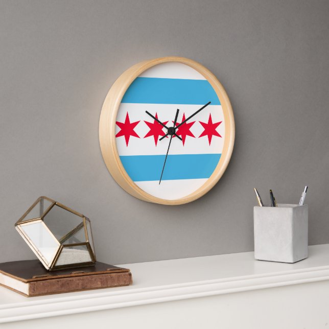 Chicago Flag Inspired Retro City Pride Design Clock (Office)