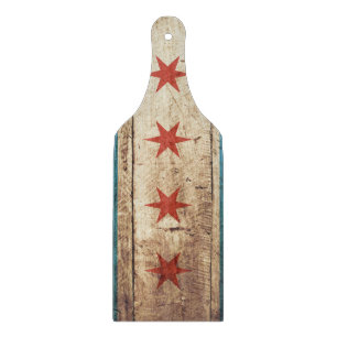 Chicago Flag on Old Wood Grain Cutting Board