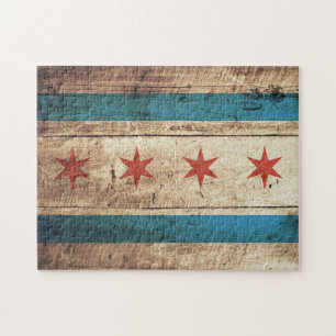 Chicago Flag on Old Wood Grain Jigsaw Puzzle