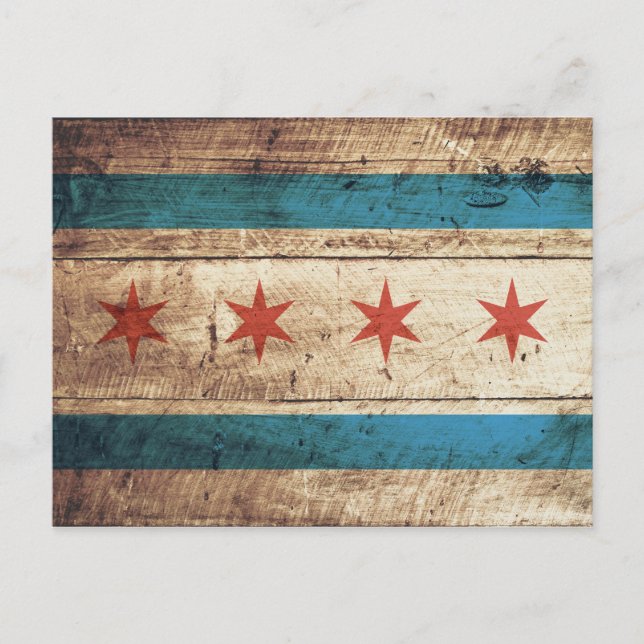 Chicago Flag on Old Wood Grain Postcard (Front)