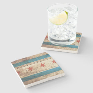 Chicago Flag on Old Wood Grain Stone Coaster